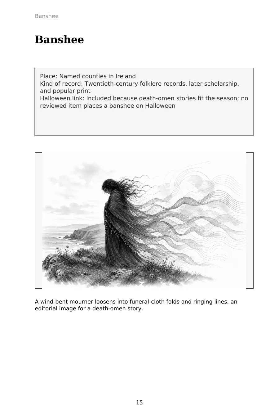Actual interior page 15: the Banshee entry with its place, record, and Halloween-link guideposts above a wind-bent mourner illustration