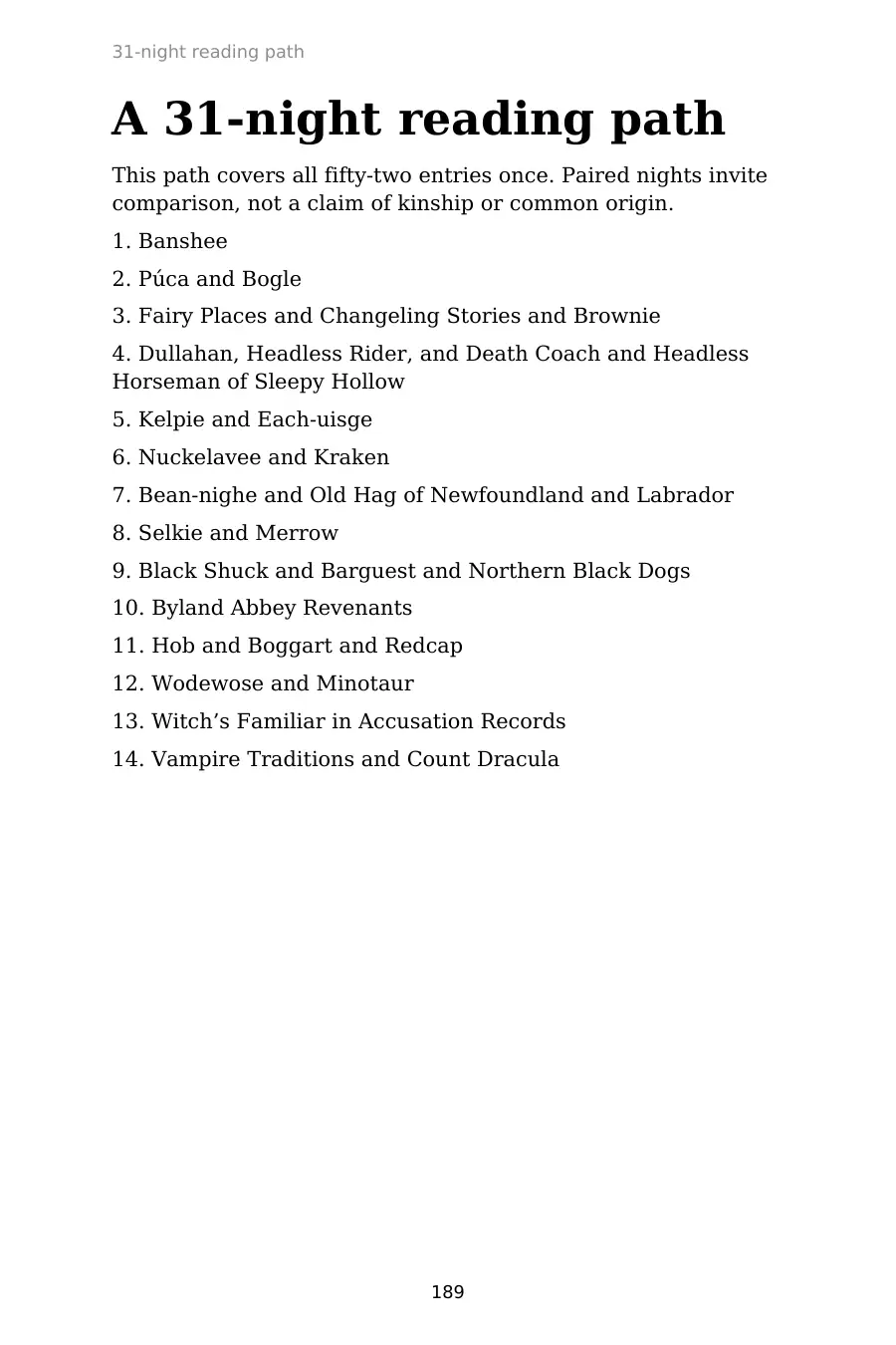 Actual interior page 189: the start of the 31-night reading path listing the first fourteen nights