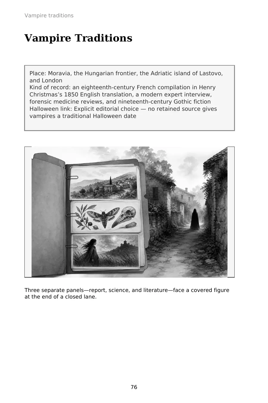 Actual interior page 76: the Vampire Traditions entry with its guideposts above a three-panel report, science, and literature illustration
