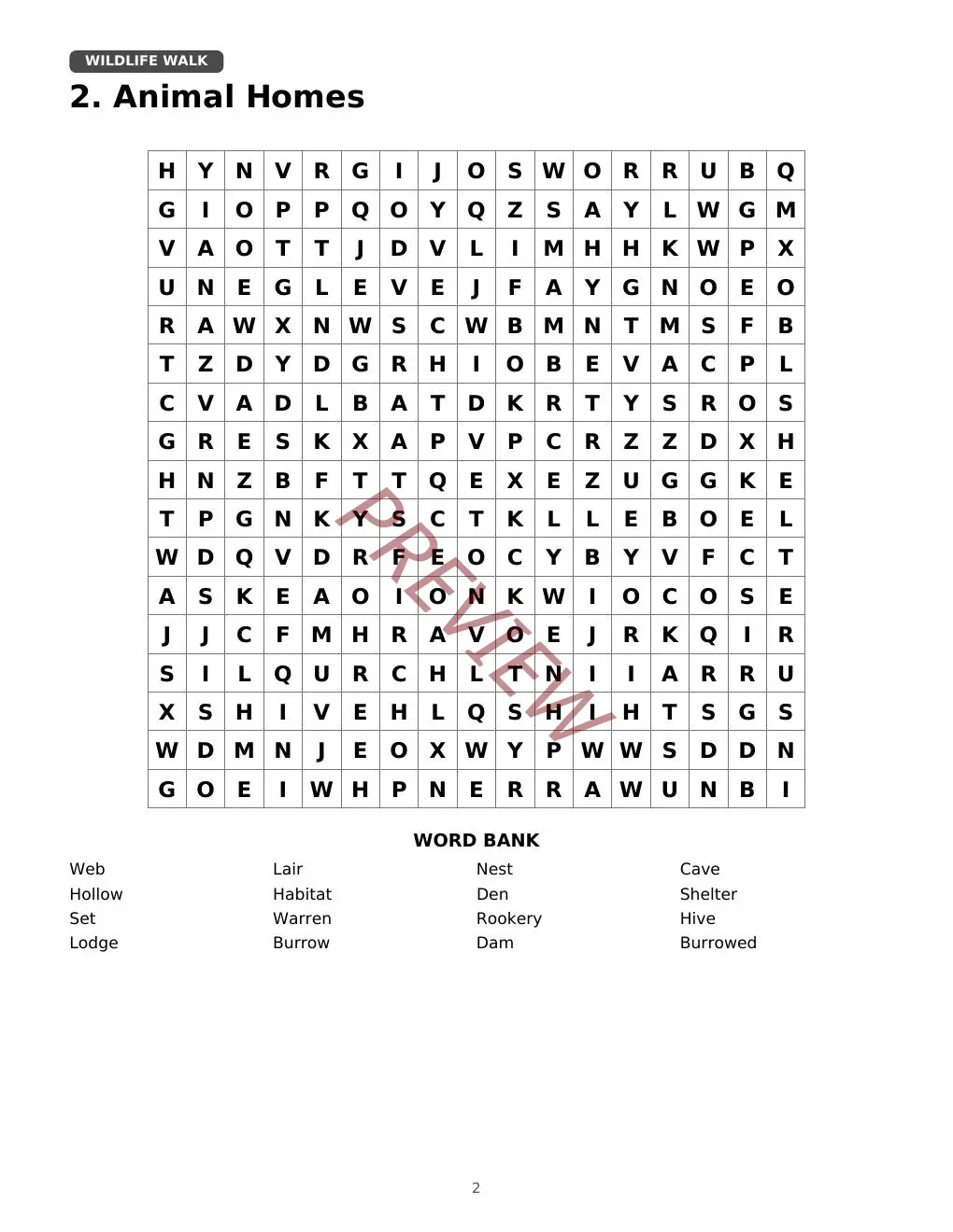 Preview of a large print Animal Homes word search with a 17 by 17 grid and word bank