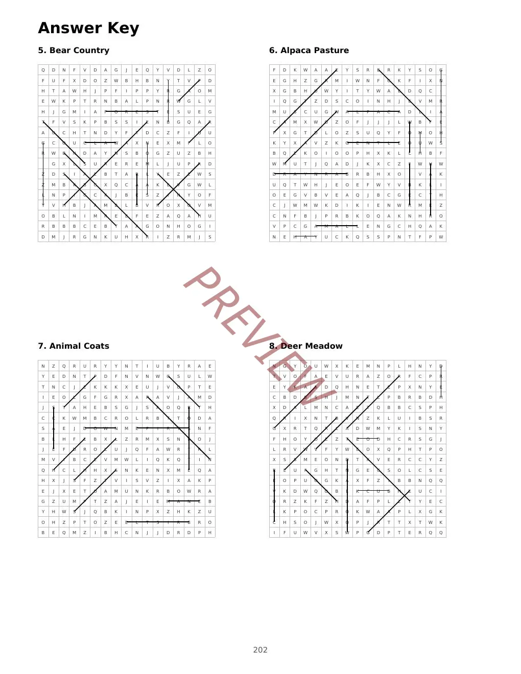 Preview of an answer-key page showing four completed animal word search grids