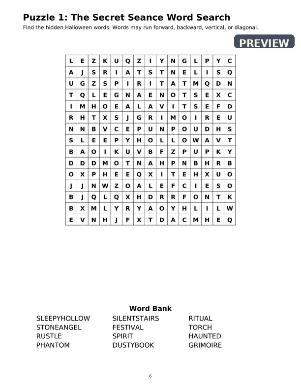 Preview of The Secret Seance large print Halloween word search