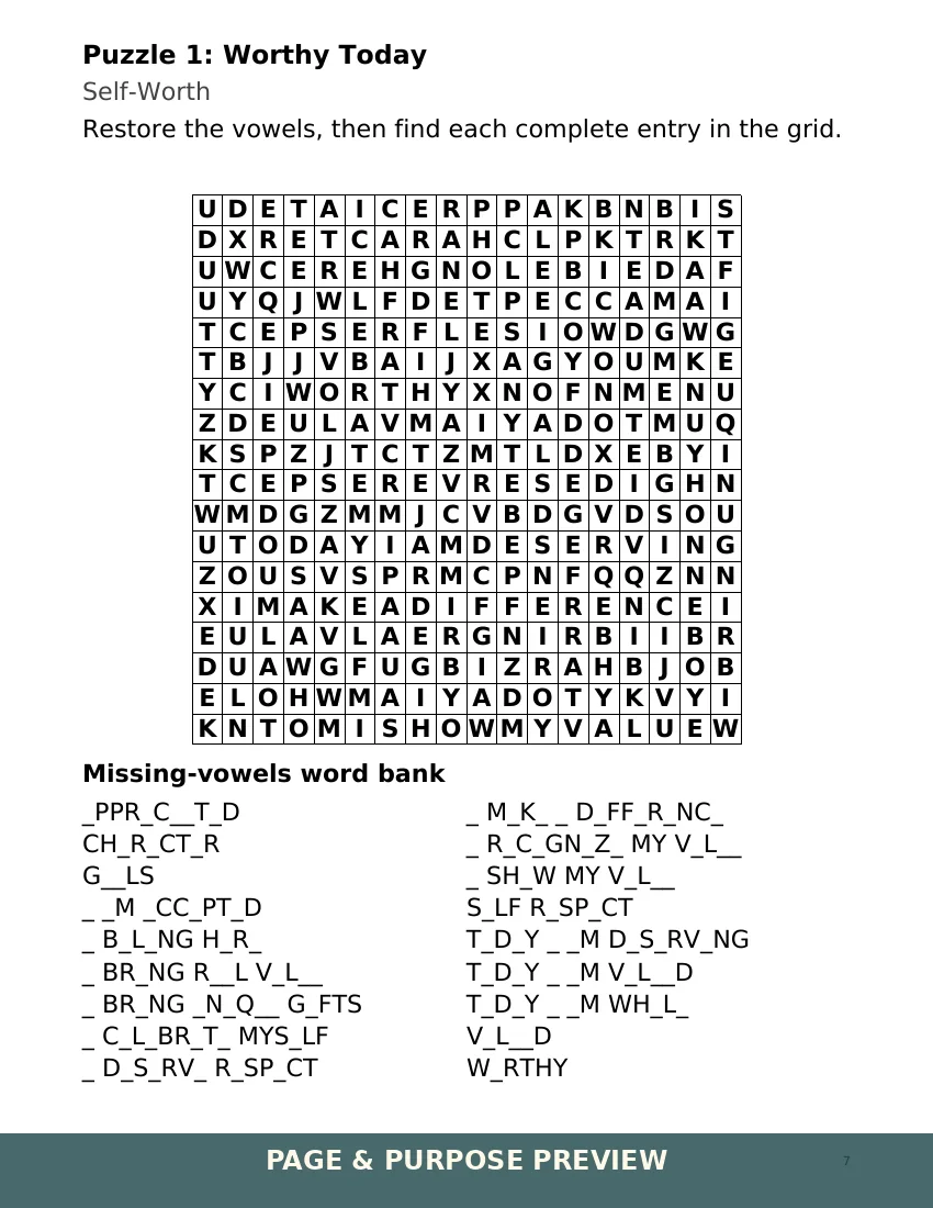 Large print Missing Vowels puzzle titled Worthy Today