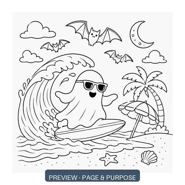 Preview of a ghost surfing beneath bats and a crescent moon