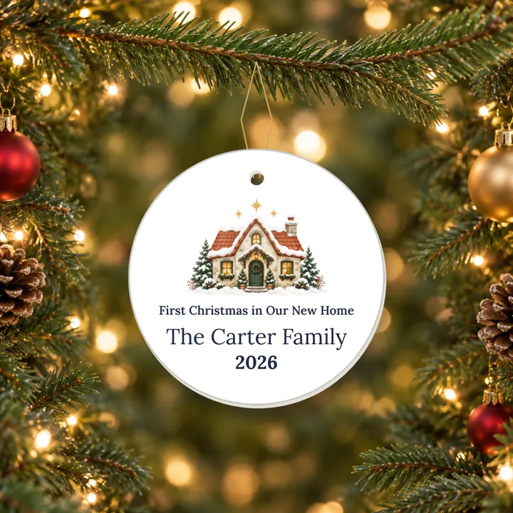 Ceramic First Christmas in Our New Home 2026 ornament with a cottage and a sample family name, hanging on a tree