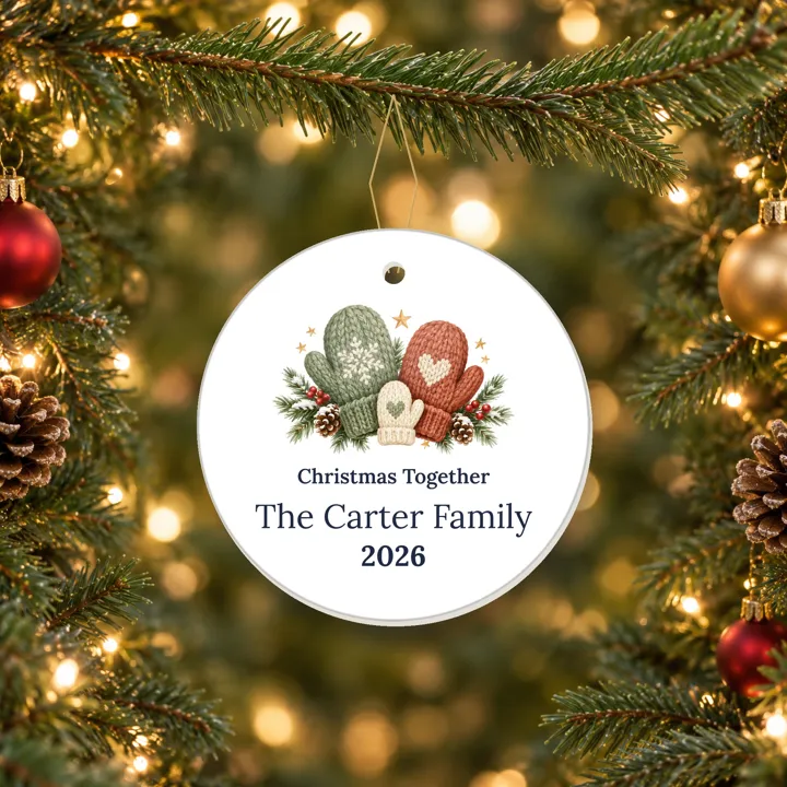Ceramic family Christmas 2026 ornament with mittens and a sample family name, hanging on a tree