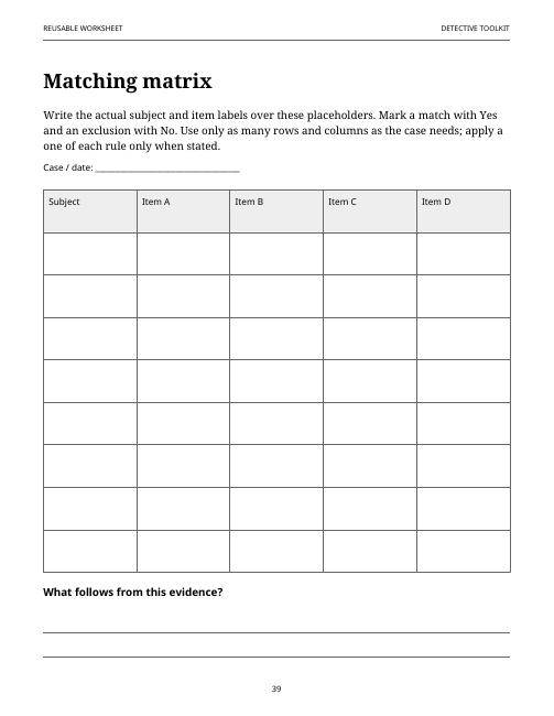 Reusable detective matching worksheet