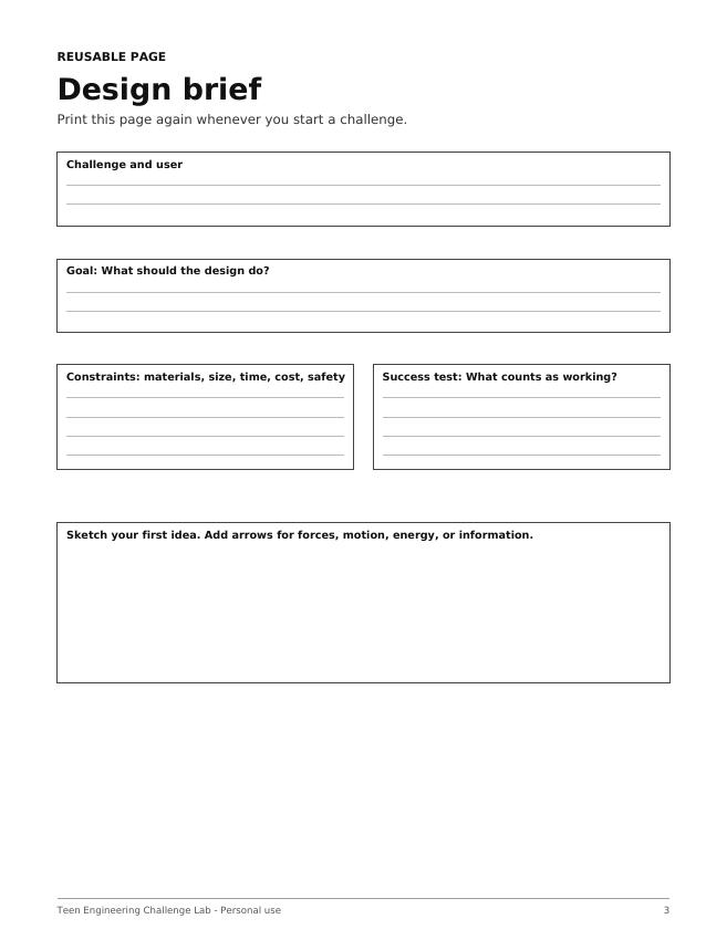 Design brief worksheet with goals, constraints and a sketch area from the Teen Engineering Challenge Lab