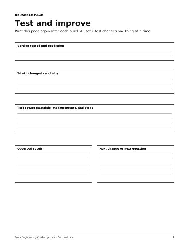 Test and improve worksheet with prediction, observed result and next-change prompts