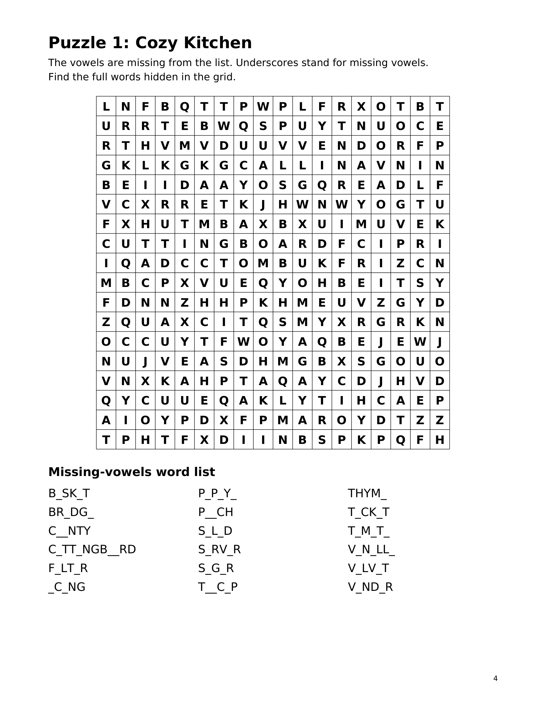 Page 4: Puzzle 1: Cozy Kitchen. The selected page text is available in this viewer.