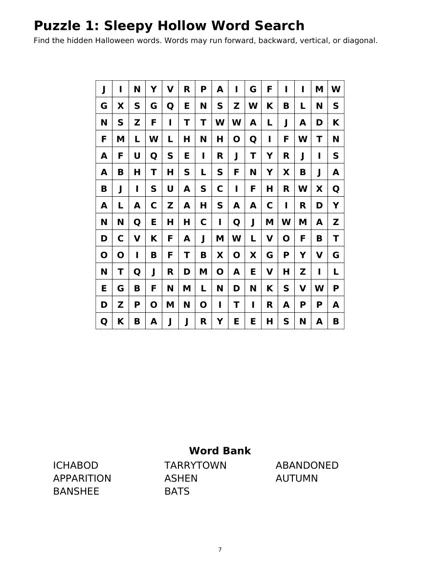 Interior page 7: Puzzle 1: Sleepy Hollow Word Search