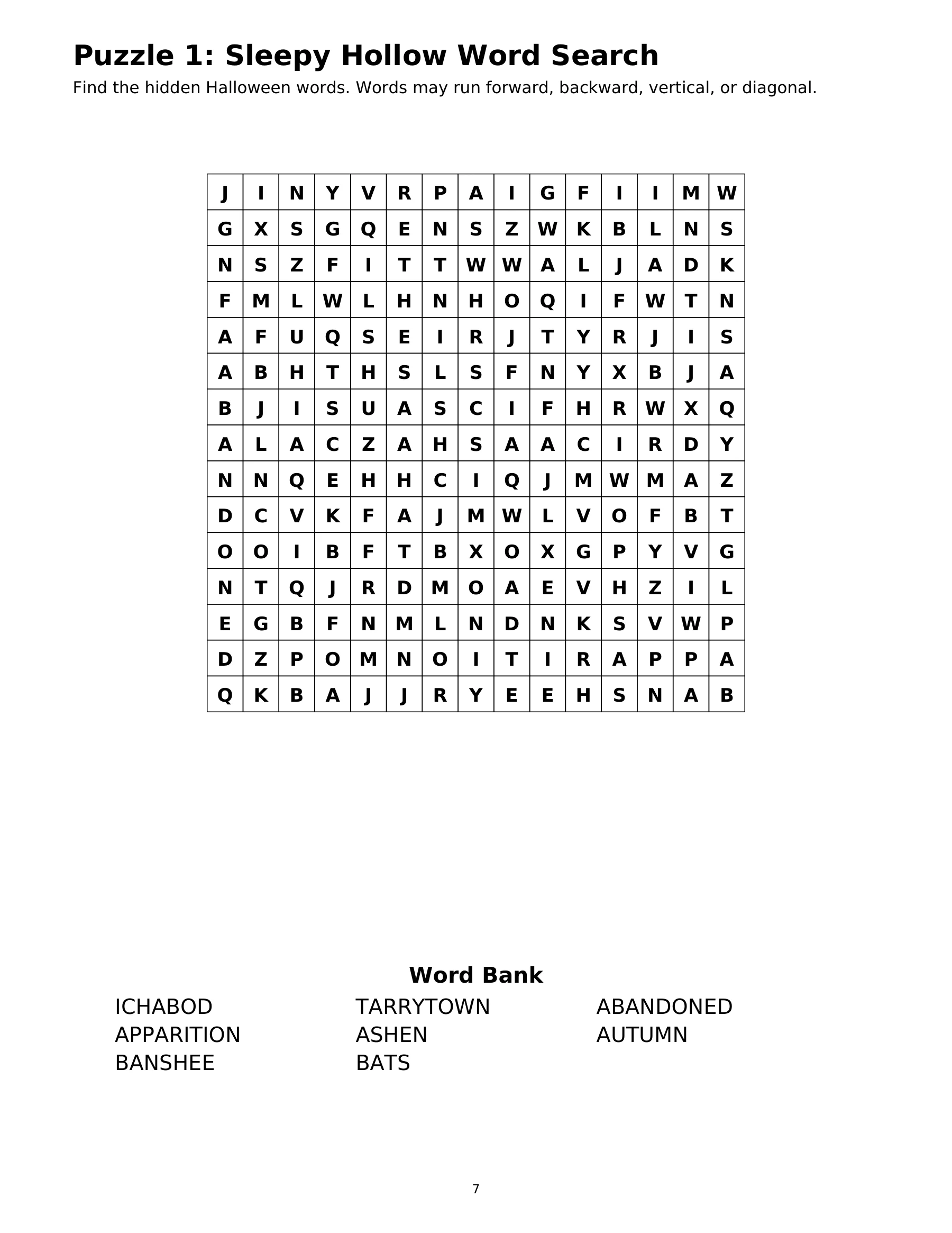 Page 7: Puzzle 1: Sleepy Hollow Word Search. The selected page text is available in this viewer.