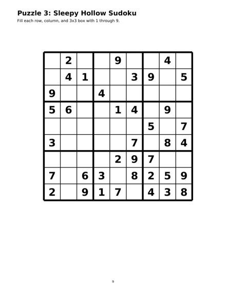 Interior page 9: Puzzle 3: Sleepy Hollow Sudoku