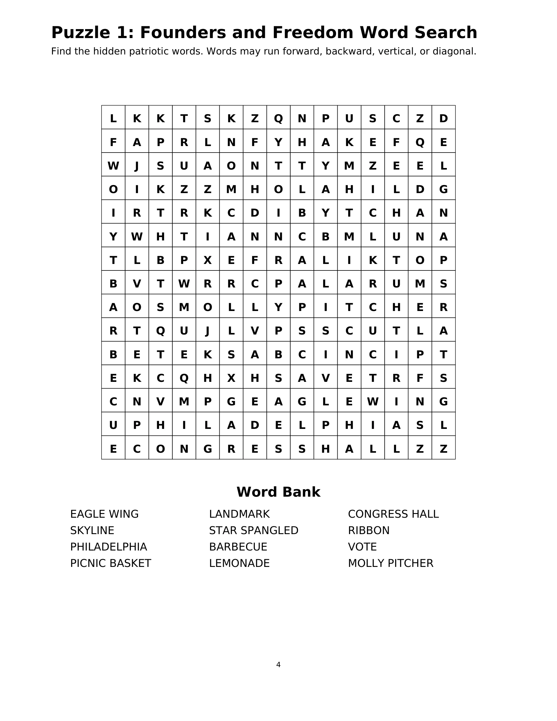 Page 4: Puzzle 1: Founders and Freedom Word Search. The selected page text is available in this viewer.