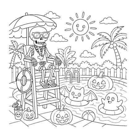 Interior page 7: A skeleton lifeguard by the pool