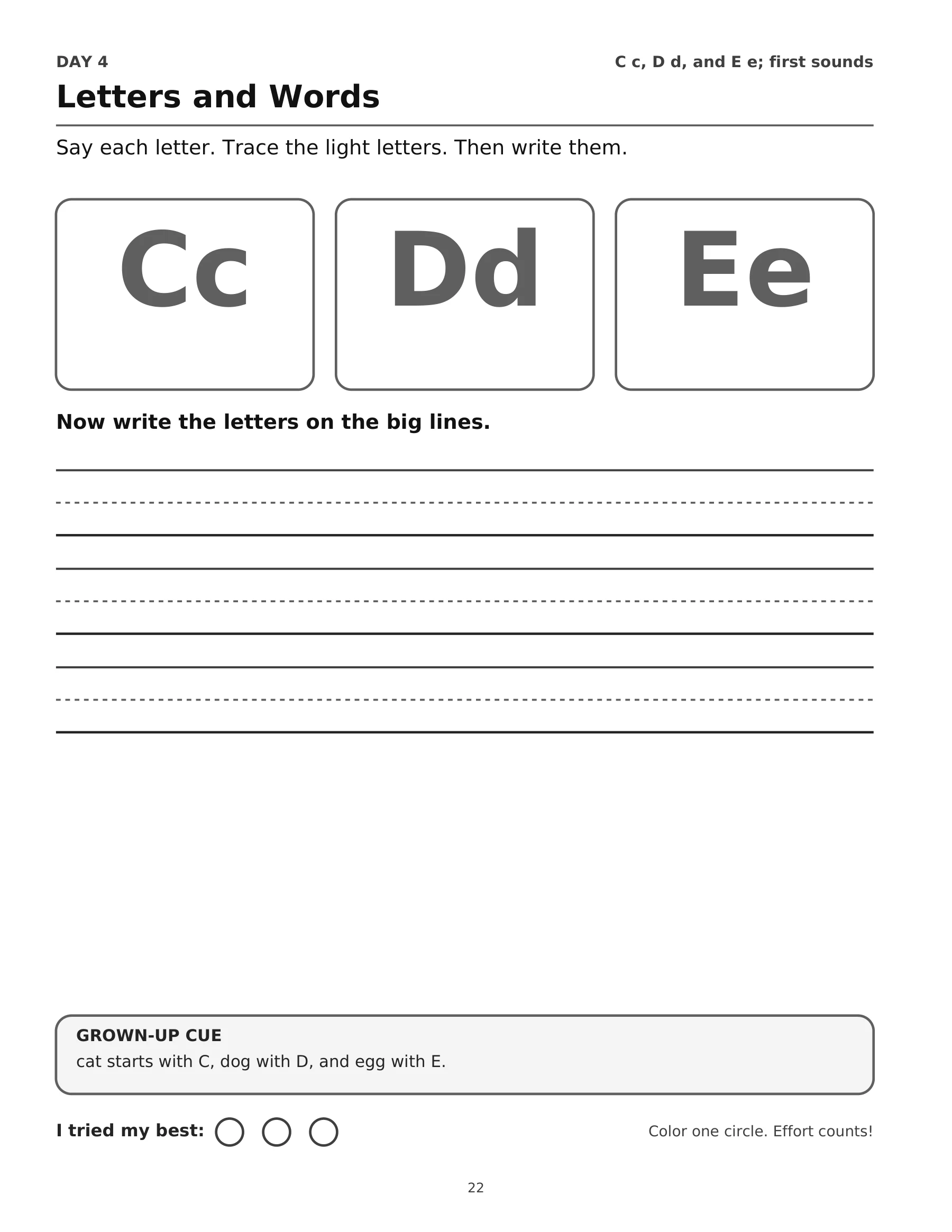 Page 22: Day 4: Letters C, D, and E. The selected page text is available in this viewer.
