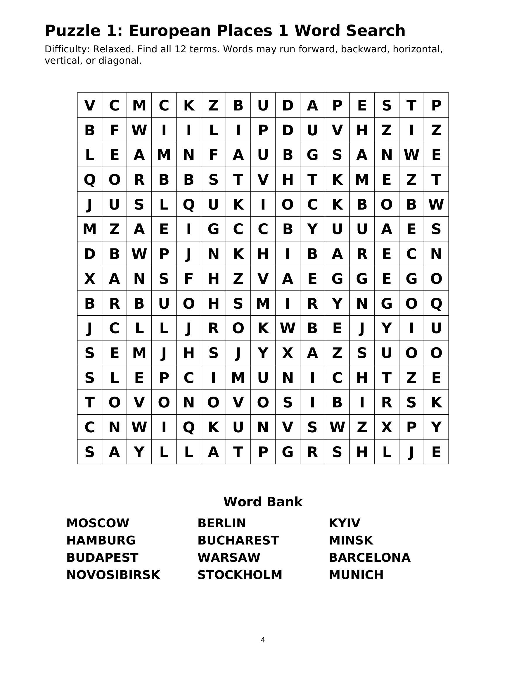 Page 4: Puzzle 1: European Places 1 Word Search. The selected page text is available in this viewer.