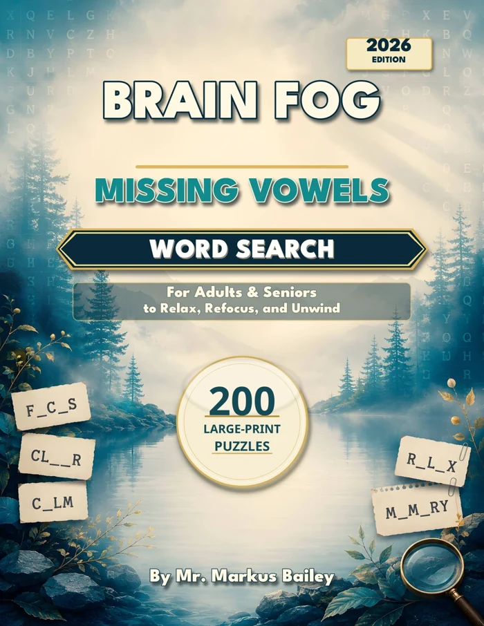 Cover of 2026 Brain Fog Missing Vowels Word Search